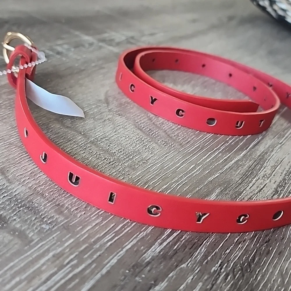 NEW! JUICY COUTURE Lasercut Cut Out Logo Vegan Faux Leather Skinny Belt M/L Red